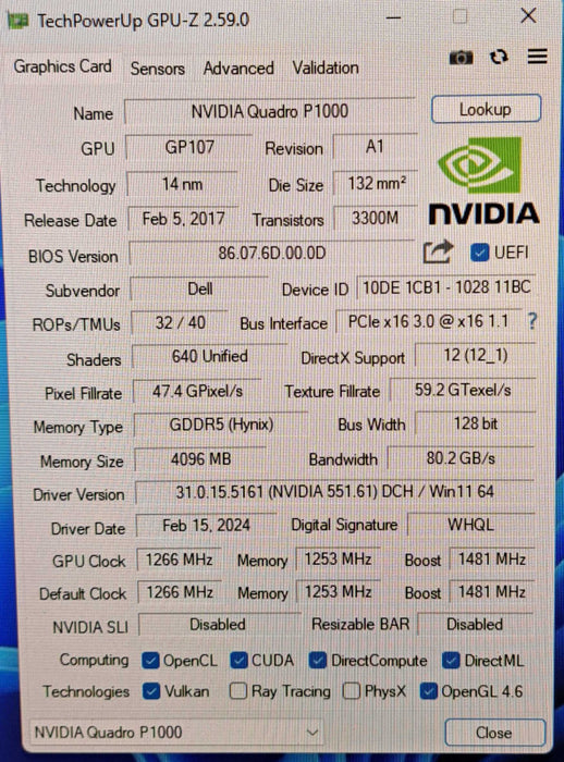 NVIDIA Quadro P1000 | 4GB GDDR5 Low Profile Graphics Card | 4x MiniDP