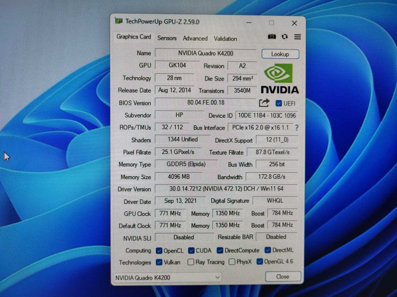 NVIDIA Quadro K4200 4GB GDDR5 GPU 1xDVI and 2xDisplay Ports $