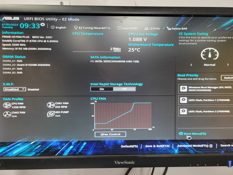 Custom/Asus PC, Core I7-8700 3.2Ghz, 8GB DDR4, 480GB SSD, 350W PSU _
