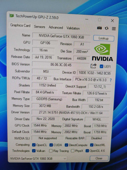 MSI NVIDIA GTX 1060 OC 3GB PCIE %