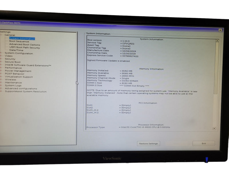 Dell Optiplex 3070 SFF PC Intel core i5-9500 3.00Ghz 8GB DDR4 RAM  No HDD _