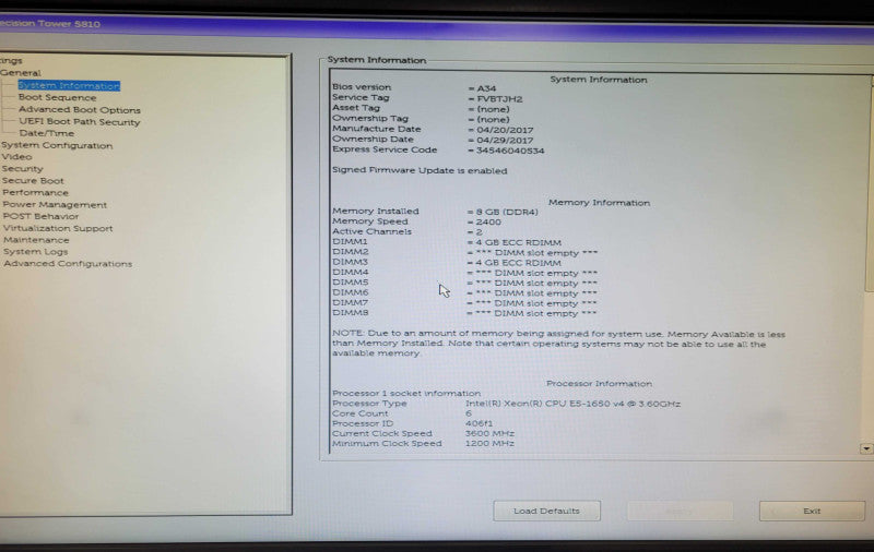 Dell Precision T5810 - Xeon E5-1650 v4 3.6GHz 6C 8GB RAM, 2TB HDD, NO GPU _