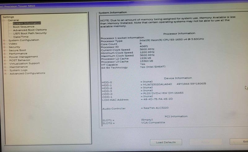 Dell Precision T5810 - Xeon E5-1650 v4 3.6GHz 6C 8GB RAM, 2TB HDD, NO GPU _