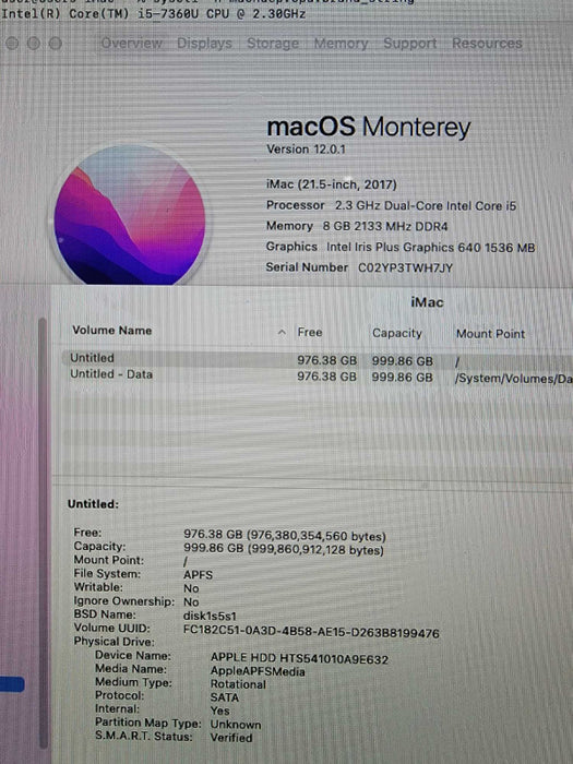 iMac A1418 21" 2017 | i5-7360 @2.30GHz | 8GB RAM | 1TB HDD
