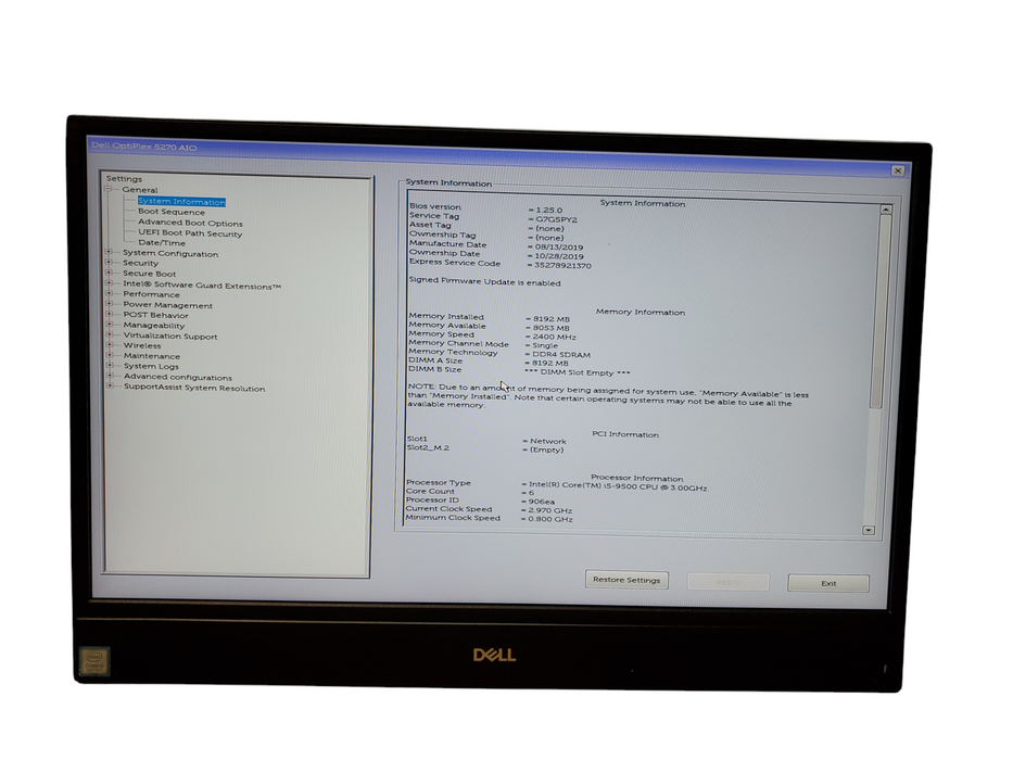 Dell OptiPlex 5270 AIO i5-9500@23.00GHz 8GB RAM NO-HDD/SSD