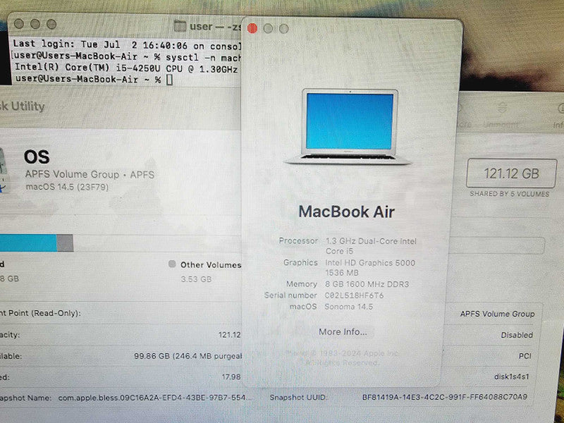 Apple Macbook Air 2013 13\\" 2-Core i5-4250U @ 1.3GHz 8GB DDR3 120GB SSD [Sonoma OS] (