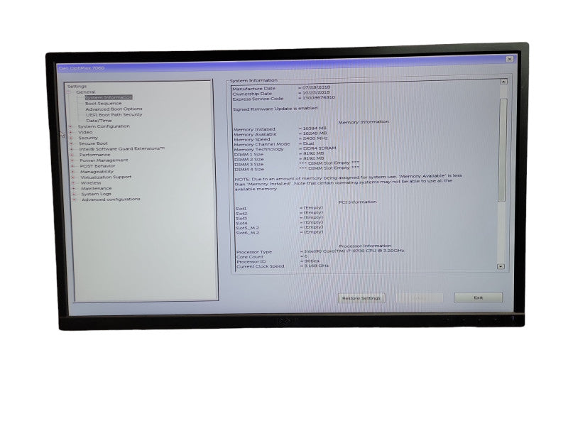 Dell  OPTIPLEX 7060 Intel(R) Core(TM) i7 - 8700 CPU @ 3.20GHz 16GB DDR4 Ram Î¸