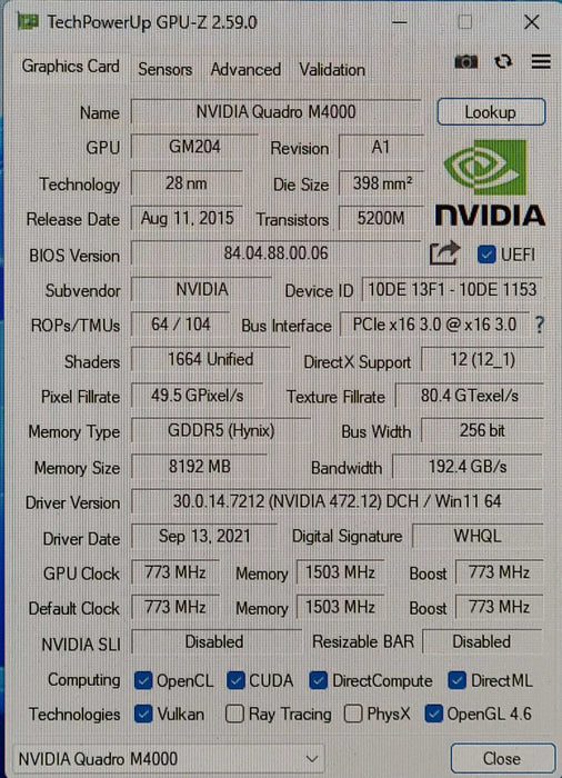 NVIDIA Quadro M4000, 8GB GDDR5 PCIe Graphics Card, 4x DisplayPort