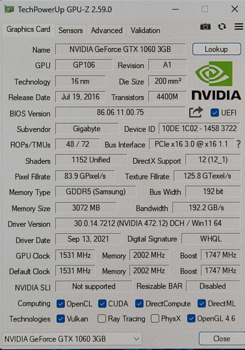 GIGABYTE GeForce GTX 1060 Mini ITX OC 3GB Graphics Card
