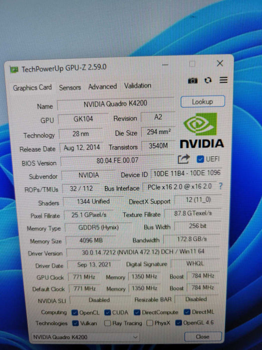 NVIDIA QUADRO K4200 4GB PCIE %