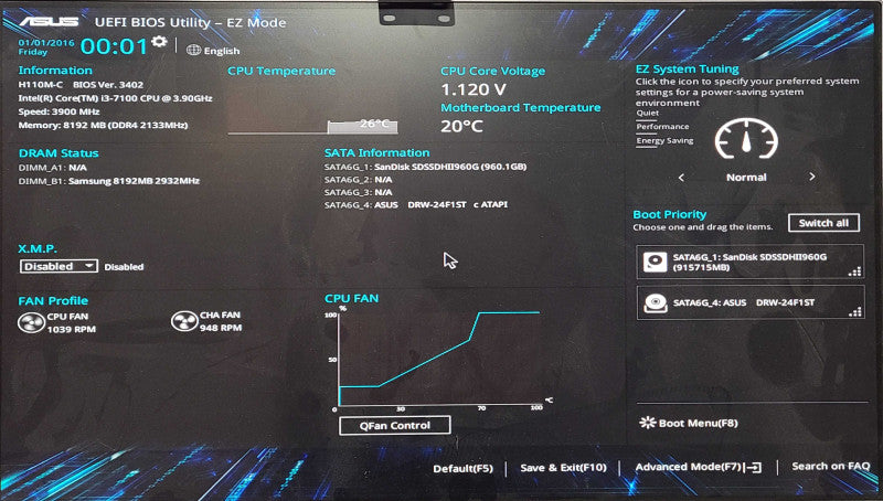 Custom PC/ASUS H110M-C, Intel i3-7100 3.90GHz, 8GB DDR4, 960GB SSD