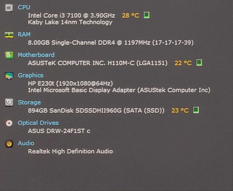 Custom PC/ASUS H110M-C, Intel i3-7100 3.90GHz, 8GB DDR4, 960GB SSD