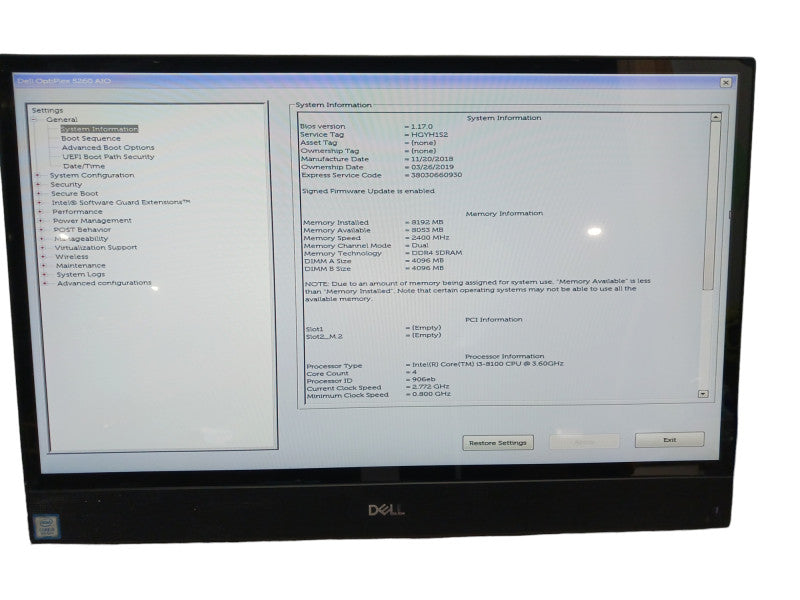 Dell Optiplex 5260 AIO 21.5\\" i3-8100 3.6GHz 8GB DDR4 RAM
