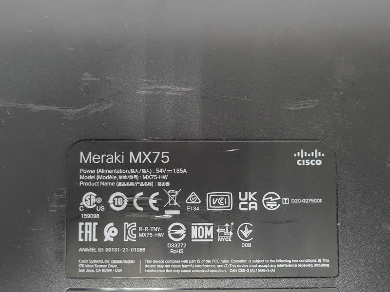 Cisco Systems Meraki MX75 Router/Security Appliance (MX75-HW), CLAIMED _