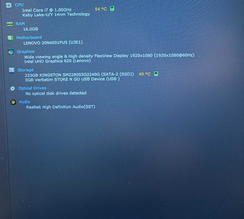 Lenovo ThinkPad T590 Intel Core i7-8565U@1.8GHz 16GB RAM 240GB SSD  Lap200