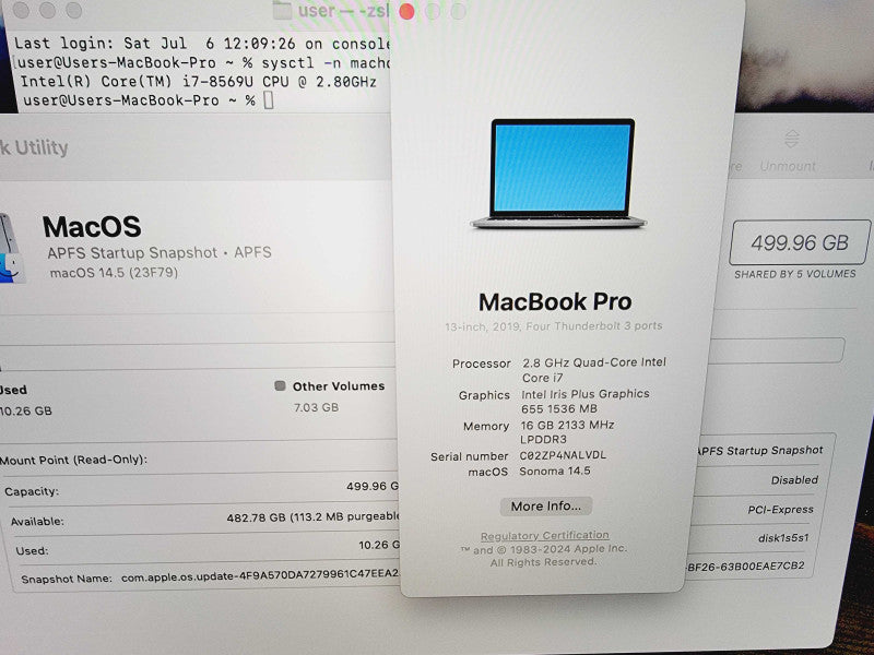 Apple Macbook Pro 2019 4-Core i7-8569U @ 2.8GHz 16GB DDR3 512GB SSD (