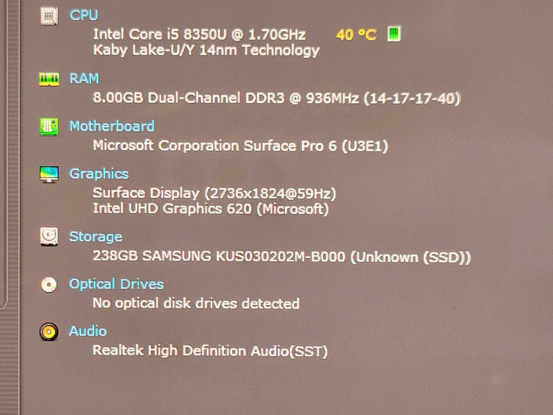 Microsoft Surface 6, Core I5-8350U 1.7GHz, 8GB RAM, 256B SSD, w/ Power, READ Q_ Lap200