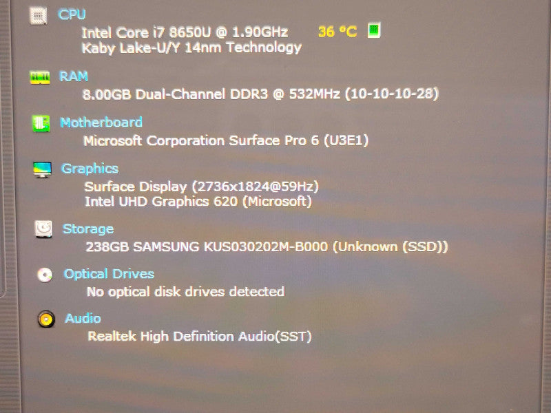 Microsoft Surface 6, Core I7-8650U 1.9GHz, 8GB RAM, 256B SSD, w/ Power, _ Lap200
