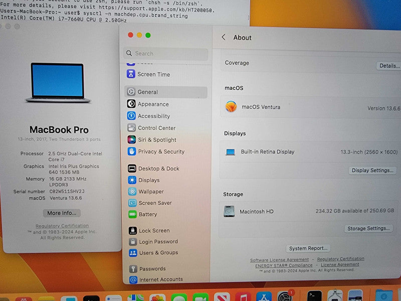 Apple MacBook Pro 1708 2017 13\\" | i7-7660 @2.5GHz | 16GB RAM | 250GB SSD - READ