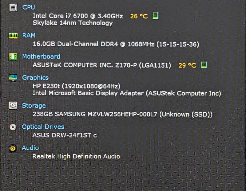 Custom PC/ASUS Z170-P, i7-6700 3.40GHz, 16GB DDR4, 256GB NVMe