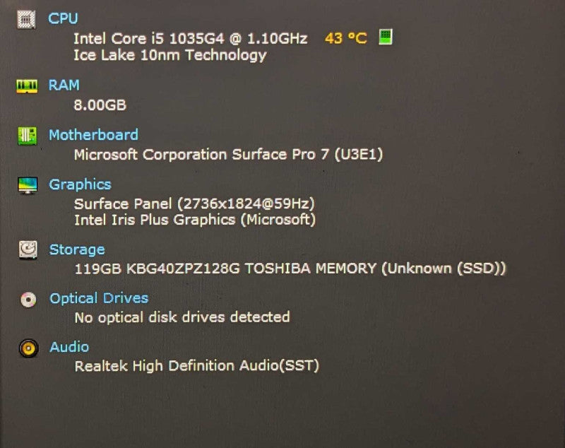 Microsoft Surface Pro 7 (1866), i5-1035G4 1.1GHz 4C, 8GB DDR4, 128GB SSD