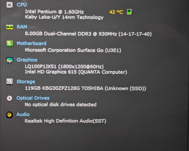 Microsoft Surface Go (1824) | Pentium 4415Y @ 1.60GHz 2C, 8GB RAM, 128GB SSD