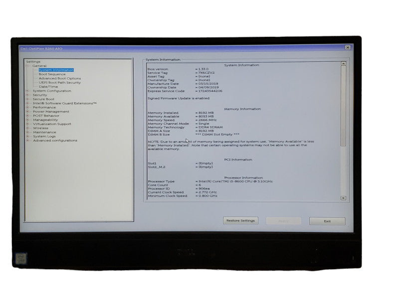 DELL OPTIPLEX 5260 AIO Intel Core i5-8600 3.10 GHz 8GB 250GB (READ)