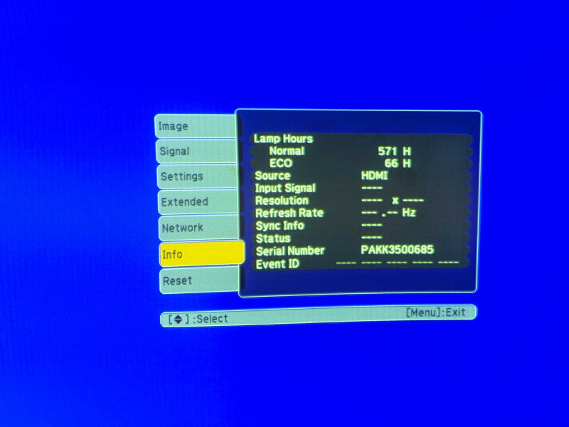 Epson Powerlite 915W H388A LCD Projector, Lamp hour 571 HRS