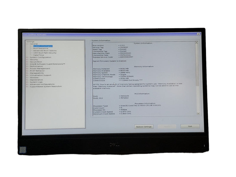 DELL OPTIPLEX 5270 AIO Intel Core i5-9500 3.0 GHz 8GB RAM 250GB SSD (READ)