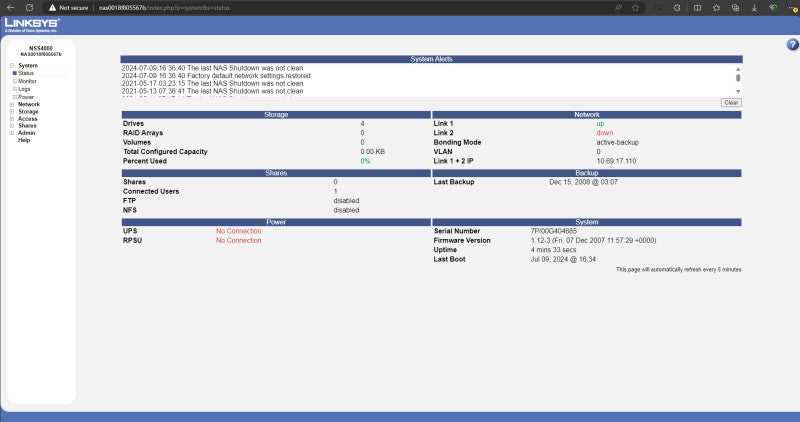 Cisco Linksys NSS4000, 4 Bay Gigabit Network Storage System, 4x 1TB HDDs