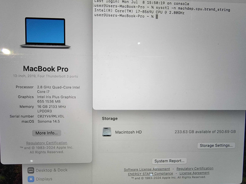 Apple MacBook A1989 2019 | i7-8569 @2.8GHz | 16GB RAM | 250GB SSD - READ