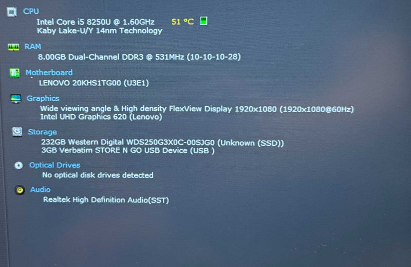 Lenovo ThinkPad X1 Carbon Intel Core i5-8250U@1.6GHz 8GB RAM 240GB SSD  Lap200