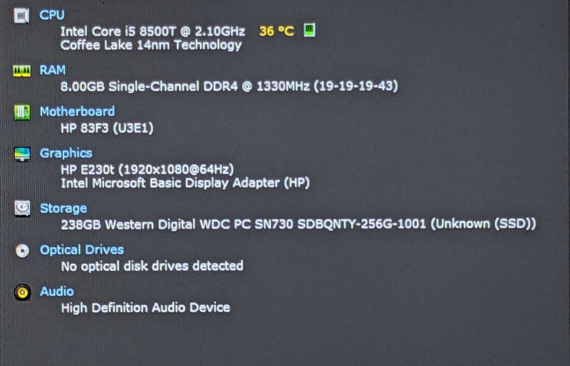 HP ProDesk 400 G4 USFF, i5-8500T 2.10GHz 6C, 8GB DDR4, 256GB Nvme, WiFi, PWR