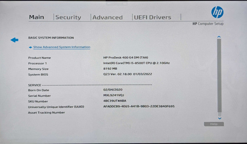 HP ProDesk 400 G4 USFF, i5-8500T 2.10GHz 6C, 8GB DDR4, 256GB Nvme, WiFi, PWR
