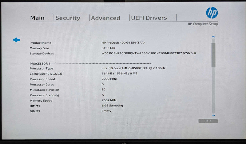 HP ProDesk 400 G4 USFF, i5-8500T 2.10GHz 6C, 8GB DDR4, 256GB Nvme, WiFi, PWR