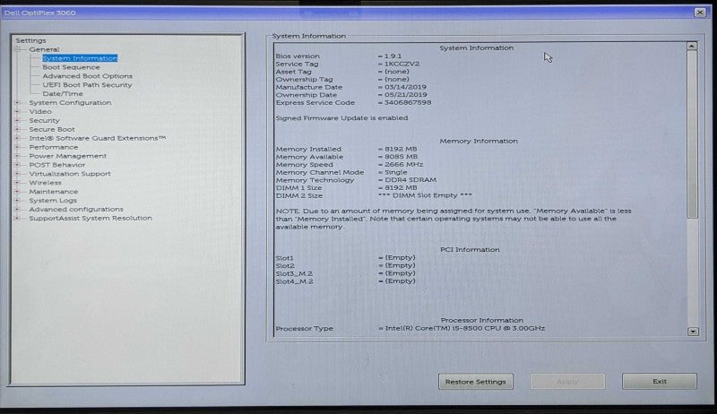 Dell OptiPlex 3060 SFF, i5-8500 3.00GHz 6Core, 8GB RAM, 256GB Nvme