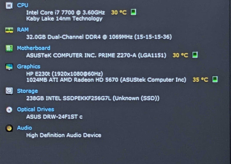 Custom PC/ASUS Z270-A, i7-7700 3.60GHz, 32GB DDR4, 256GB NVMe, HD 5670 GPU