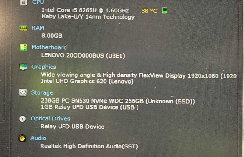 Lenovo ThinkPad X1 Carbon| I5-8265U| 8GB RAM| 256 SSD| No Adapter  Î² BudLap