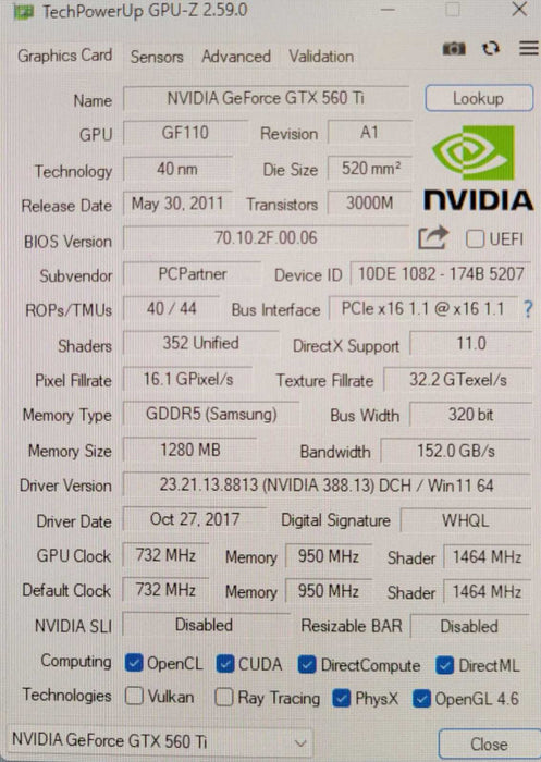 Nvidia GeForce GTX 560Ti 1GB GDDR5 PCIe x16 Graphics Card DVI/HDMI/DP _