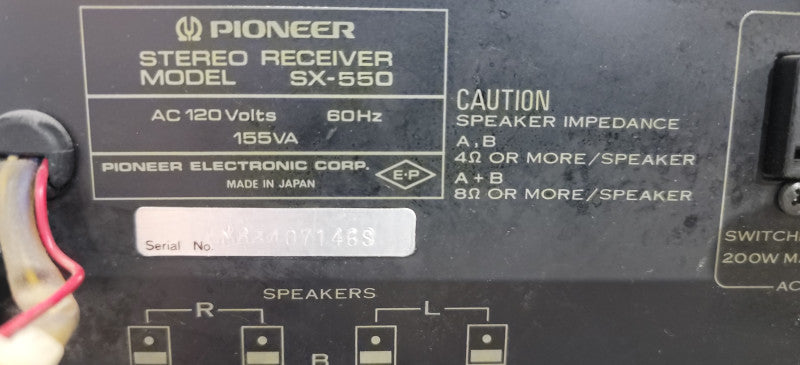 Vintage Classic Pioneer SX-550 Stereo Receiver, Made in Japan