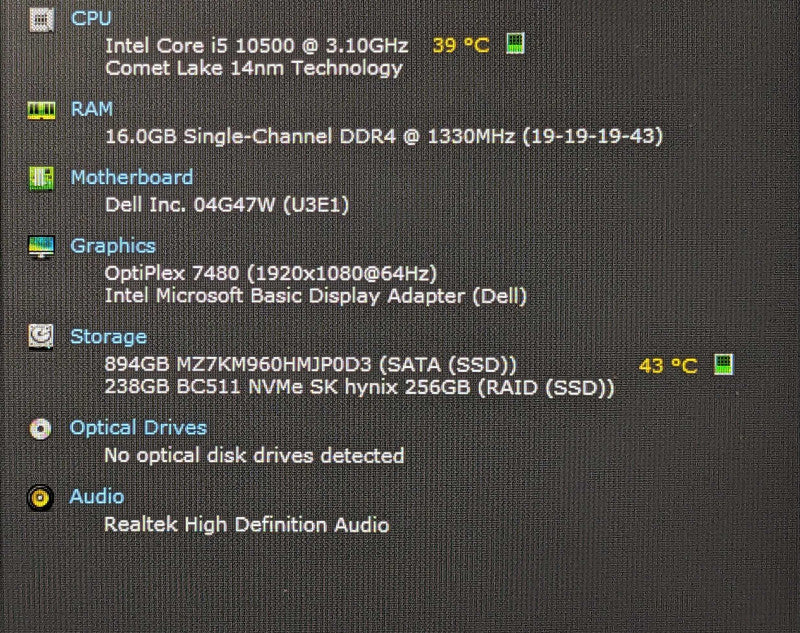 Dell OptiPlex 7480 AIO, i5-10500 3.10GHz 6C, 16GB DDR4, 256GB NVMe, 960GB SSD