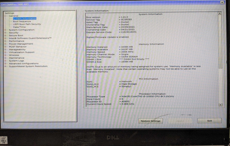 Dell OptiPlex 7480 AIO, i5-10500 3.10GHz 6C, 16GB DDR4, 256GB NVMe, 960GB SSD