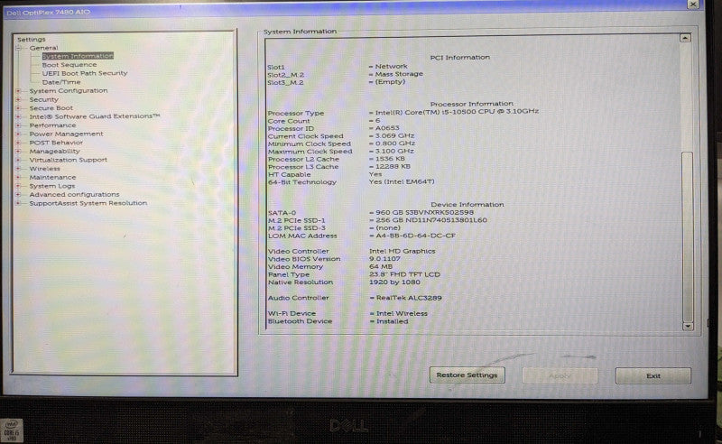 Dell OptiPlex 7480 AIO, i5-10500 3.10GHz 6C, 16GB DDR4, 256GB NVMe, 960GB SSD