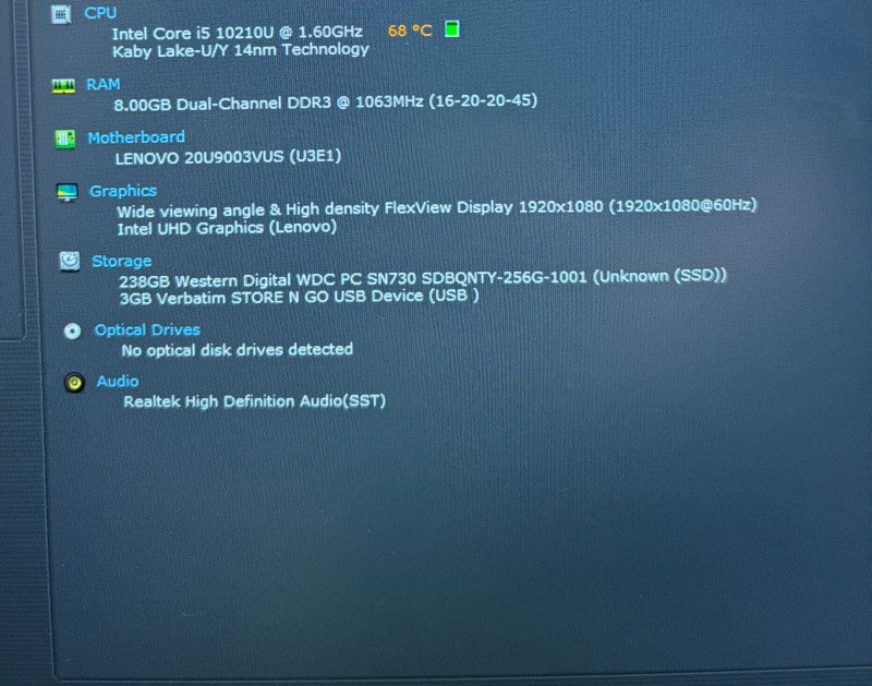 Lenovo ThinkPad X1 Carbon Intel Core i5-10210U@1.6GHz 8GB RAM 256GB SSD  Lap200