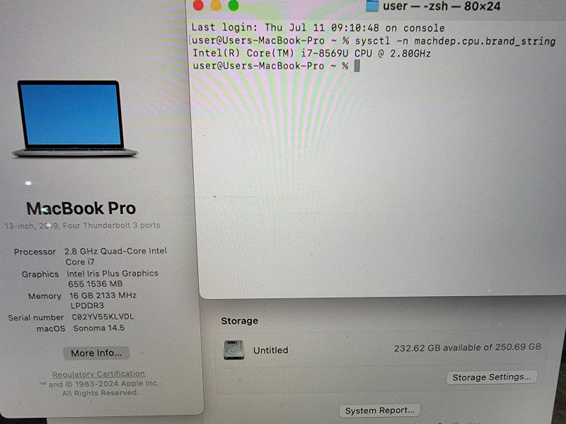 Apple MacBook A1989 2019 13\\" | i7-8569 @2.8GHz | 16GB RAM | 250GB SSD - READ