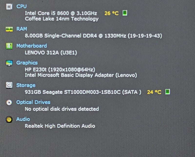 Lenovo ThinkCentre M720s, i5-8600 3.10GHz 6Core, 8GB DDR4, 1TB HDD