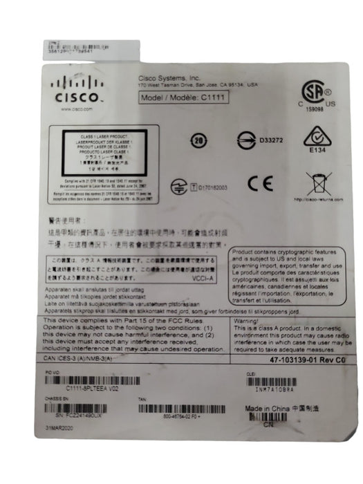 CISCO ISR 1100 Series C1111-8PLTEEA V02 Router, No Power Adapter _