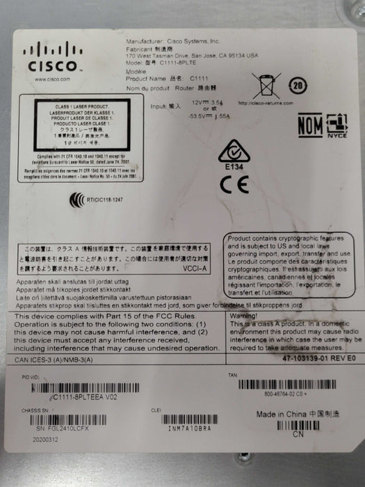 Cisco ISR C1111-8PLTEEA V02 Router No Power Adapter/Antenna Q_