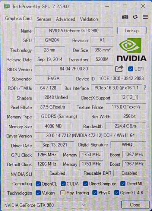 EVGA GeForce GTX 980 4GB GDDR5 PCI Express Graphics Card