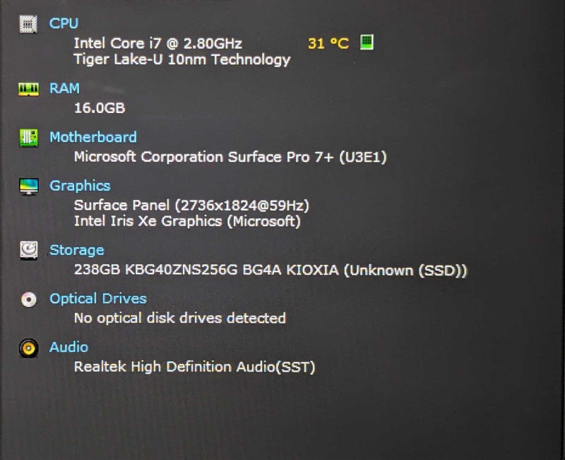 Microsoft Surface Pro 7+ 1960, i7-1165G7 2.80GHz 4C, 16GB RAM, 256GB SSD